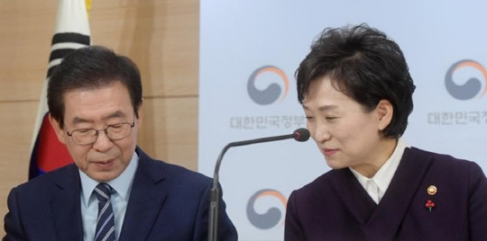 국토교통부와 서울시가 장기미집행 공원을 도시자연공원구역으로 지정한 것과 관련해 재산권 침해 우려가 제기되고 있다. 사진은 박원순 서울시장(왼쪽)과 김현미 국토부 장관.<연합뉴스>